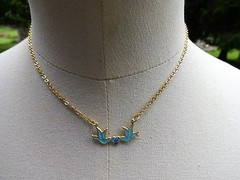 Sarah coventry Vintage Necklace Guilloche Blue Bird Enamel Rose Girl NOS #1181C