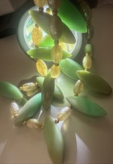 Heavy Vintage Unique Large Green Marquise Shape Opals & Faux Pearl Push in Clasp