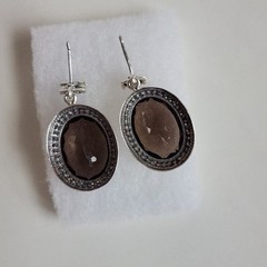 Vintage Sterling Silver Smoky Quartz Dangle Earrings | Oval Faceted Stones