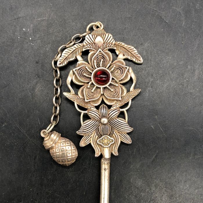 Antique Silver Plated Hairpin Inlaid Red Bead Qianlong Mark Vintage Chinese