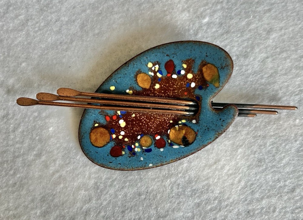 Huge Vintage Matisse Enamel & Copper Artist Palette Brooch Pin W/Brushes