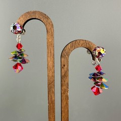 Vintage AB Rhinestone Disco Earrings Dangle Drop Multicolor Discs Clip On Galaxy