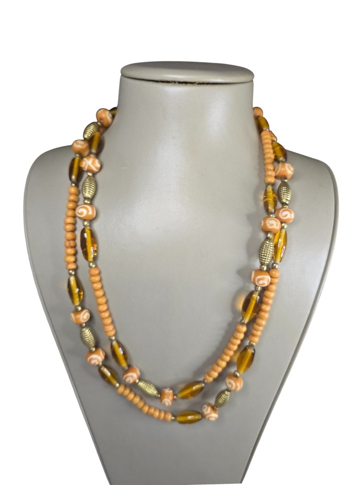 Vintage Women’s Gold Tone Beaded Tan Brown Long Necklace 50″ No Clasp