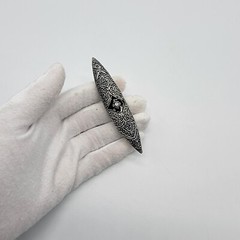 Vintage Art Deco Revival Brooch Black Enamel Gray Metal Marquise Shape