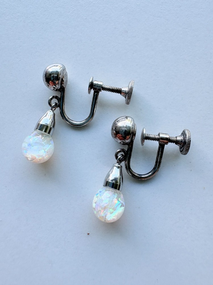 Vintage Opalite Sterling Silver Floating Opal Screw On Earrings Signed A & Z