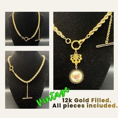 30g Vintage 12k Gold Filled Pocket Watch Chain FOB, Dog Clip T-Bar, GF Guilloche