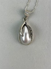 Vintage Pearl shape and Marcasite Sterling Silver Pendant Necklace 17.75 in