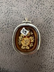 Vintage Baltic Amber Pendant Sterling Silver 925 Round Shape Flower