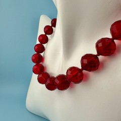 Vintage Red Glass Bead Choker Necklace Faceted Chunky Heavy Hand Knotted Czech?