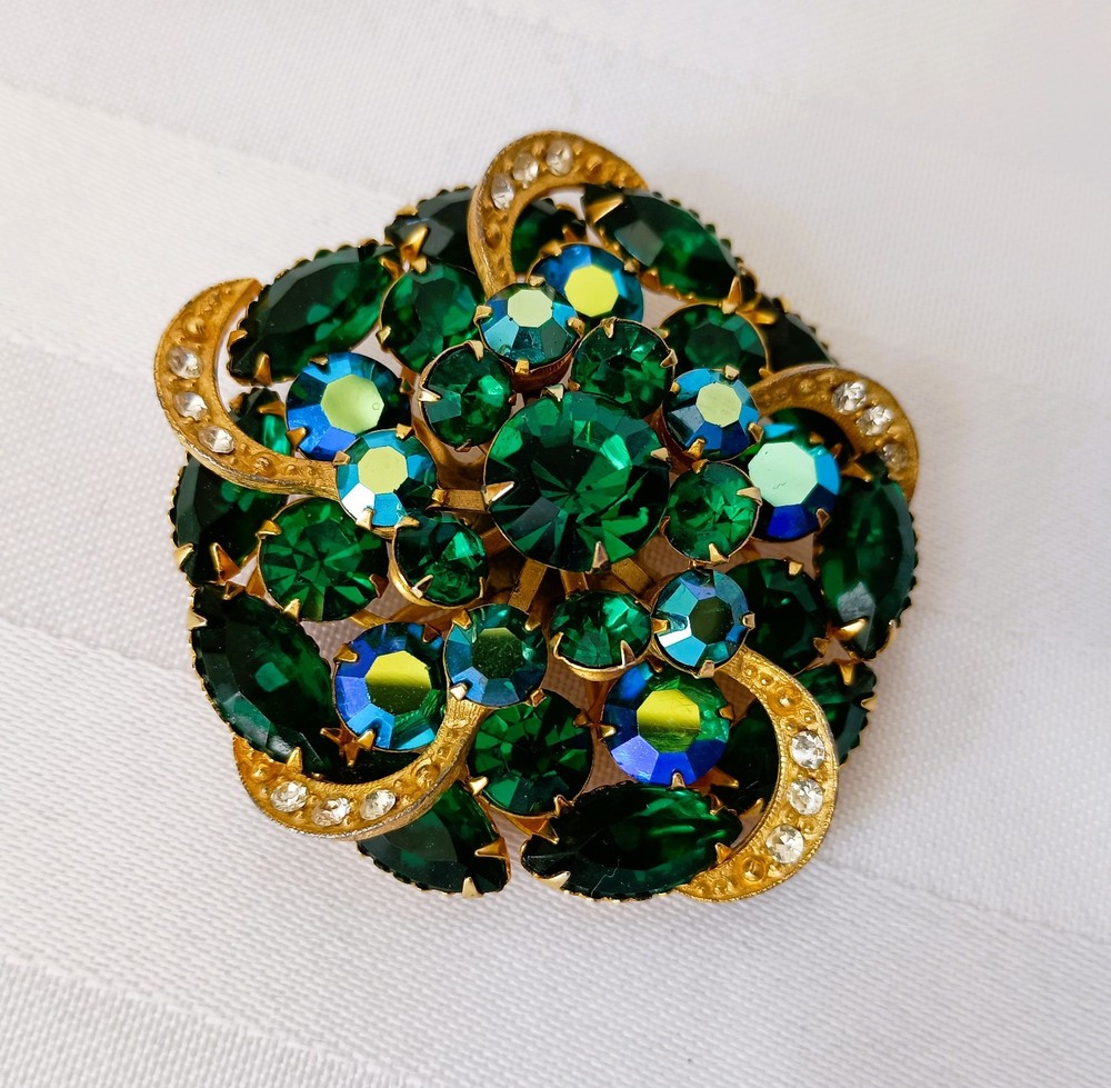 Vintage Gold Tone Green, AB Green with Clear Rhinestone Ribbons Brooch/Pin