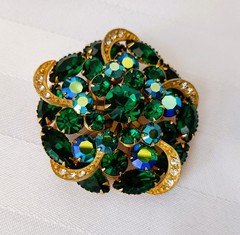 Vintage Gold Tone Green, AB Green with Clear Rhinestone Ribbons Brooch/Pin