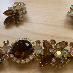Vintage D&E Juliana Book Brown AB Headlight Rhinestone Bracelet Clip Earring Set