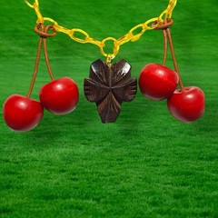 Vintage Carved Wood Leaf & Cherry Necklace with Apple Juice Celluloid Chain