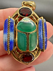 Egyptian Revival Scarab Beetle Set Vintage Jewelry Lapis, Garnets. Stamped BBJ