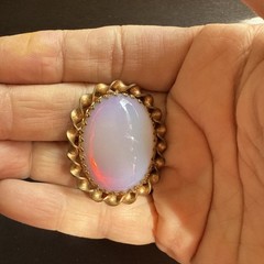 Antique Gold Tone Opaline Cabachon C Clasp Brooch Pin