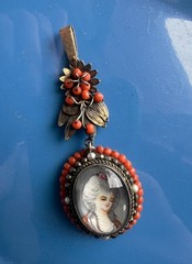 Antique Yellow Gold + Silver Coral Seed Pearls Hand Painted Portrait Pendant