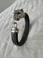 Vintage 925 Sterling Silver Panther Head Bracelet Crocodile Green Leather