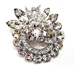 Vintage Signed Eisenberg Ice Rhodium-Plated Sparkling Rhinestone Floral Brooch