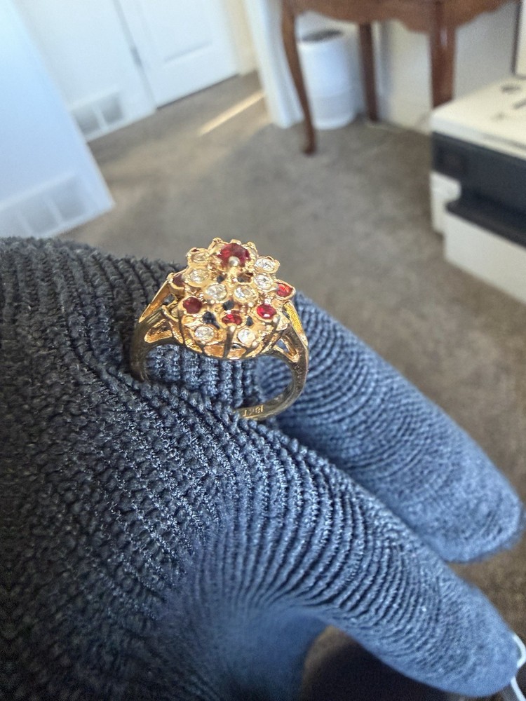 Vintage 18kt GE Ring Cubic Zirconia And Ruby Size 5.75