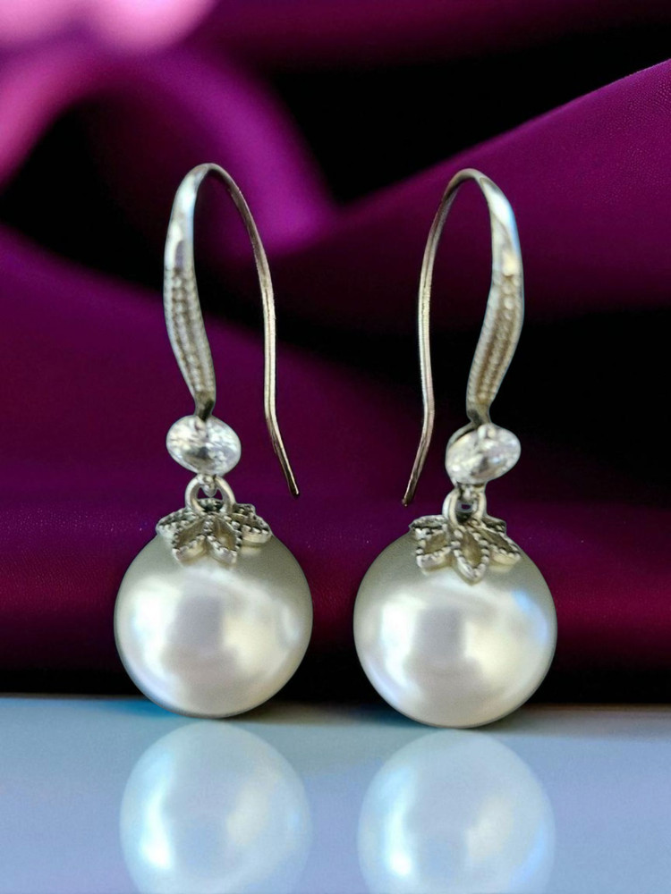Vintage 925 Sterling Silver Faux Pearl & Crystal Dangle Eaarrings ~ 1.25″ Long