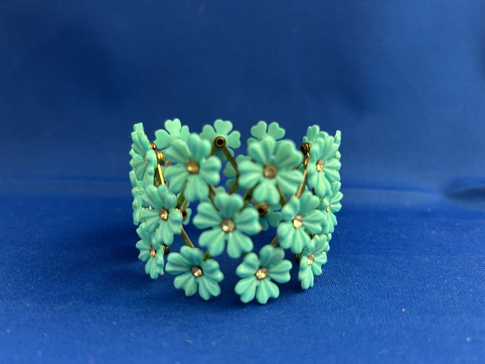 VTG 1950s-60s Gold tone EXPANDABLE Turquoise Daisy FLOWER LINK CUFF BRACELET