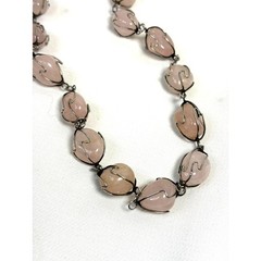 Vintage Pink Rose Quartz Caged Stone Bead Necklace Jewelry Wired 36in
