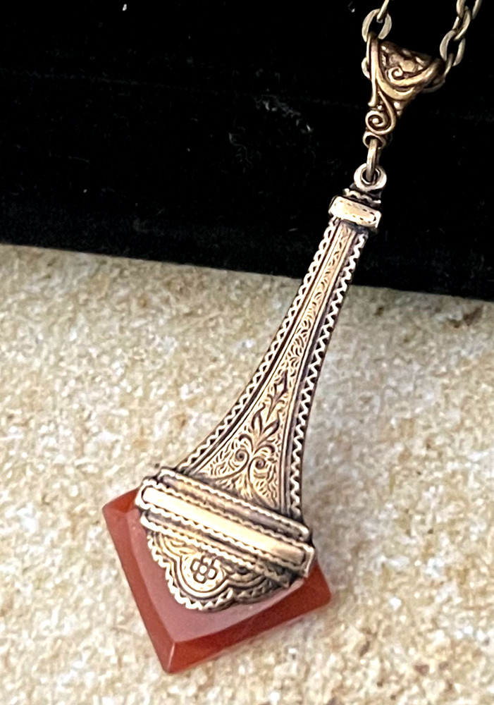 Vintage Necklace Art Deco Brass Pendant W/ Antique Red Carnelian Czech Glass