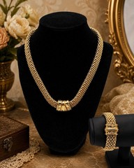 Vintage Etruscan Revival Gold Tone Mesh Collar Necklace Bracelet Jewelry Set