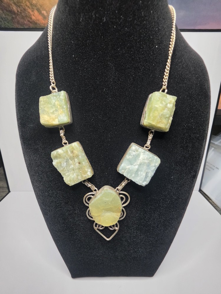 Vintage 925 Raw Green Aquamarine Nugget Station Necklace 55g 19″