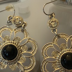 Large Filigree Earrings Black Stone Center Rhinestone Top Hoop 1.25” Diameter
