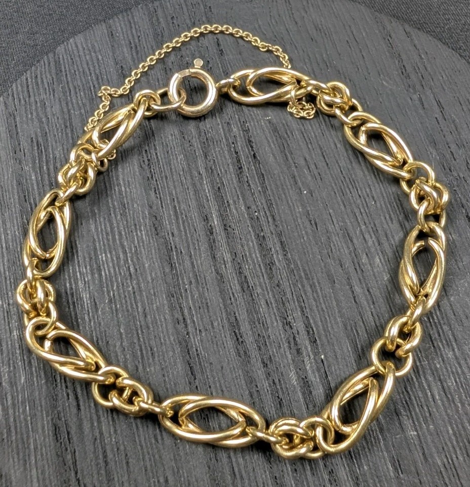 Vintage 14K Yellow Gold Double Marquise Link Bracelet 7.25” 7.6g Safety Chain