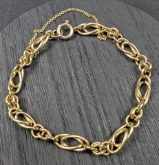 Vintage 14K Yellow Gold Double Marquise Link Bracelet 7.25” 7.6g Safety Chain