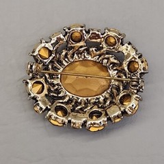 Vtg Rhinestone Brooch Gold Tone Oval Brown Glass Orange Domed Pin 1.75 in