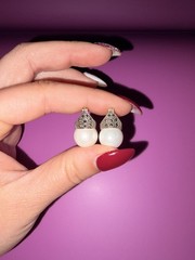 Vintage Marcasite And Pearl 925 Silver Earrings Pierced Huggie Style