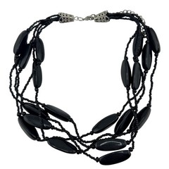 Vintage Style Black Acrylic Beaded Layered Look Elegant 19” Silver Tone Necklace