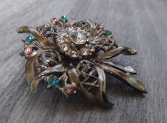 Floral Rhinestone Brooch 2.5in Vintage Pink Blue Clear Gold Tone Flower