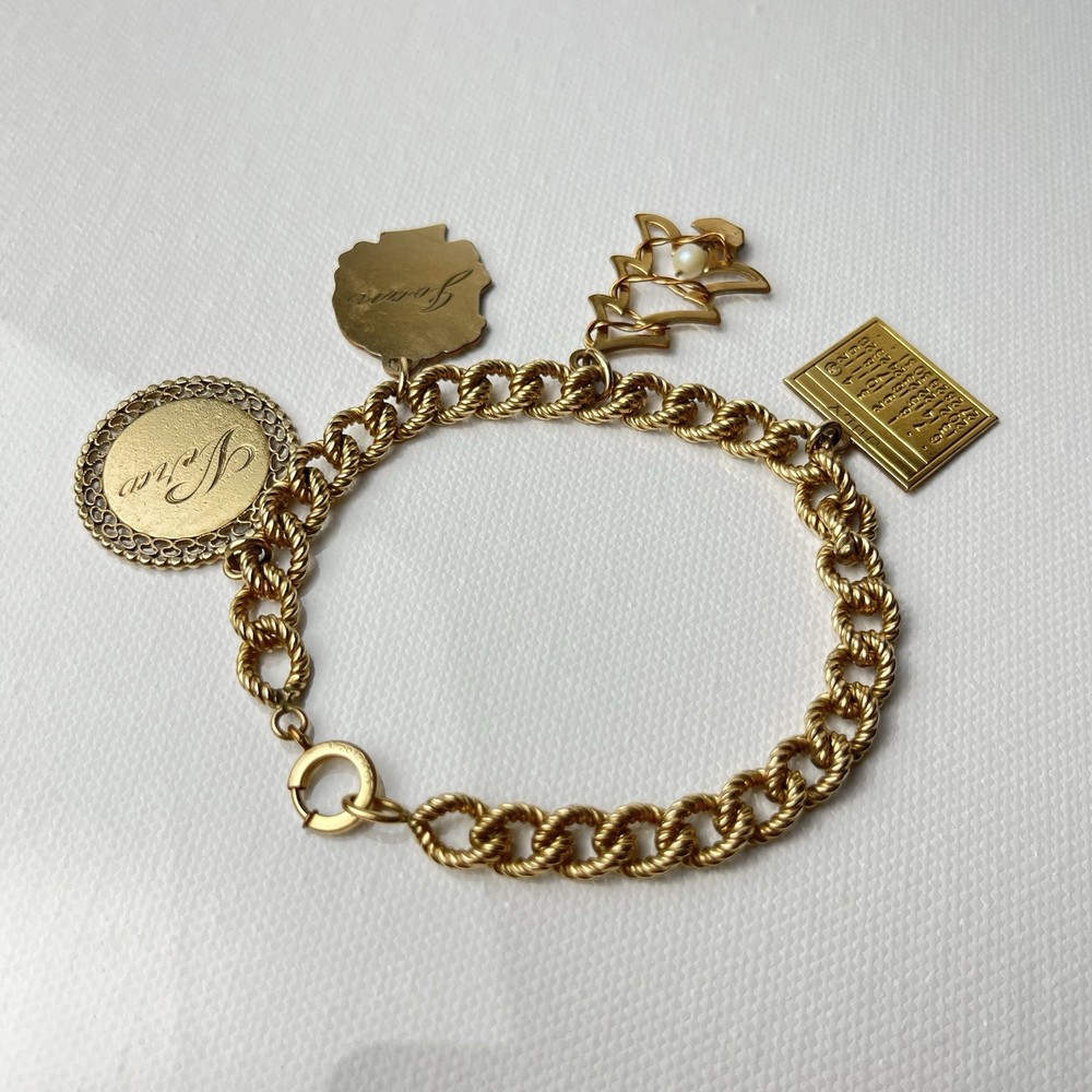 Vintage 12k Gold Filled Charm Bracelet Curb Link twisted rope 6.75 in (6 3/4 in)