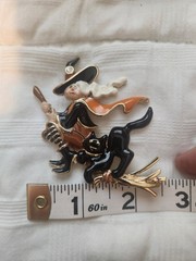 VTG NOS Bob Mackie Halloween Witch Flying Broomstick Black Cat Enameled Brooch