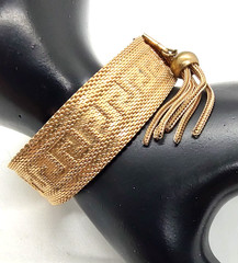 Art Deco Byzantine Greek Key Chain Tassel Gold Tone Mesh Slide Bracelet!
