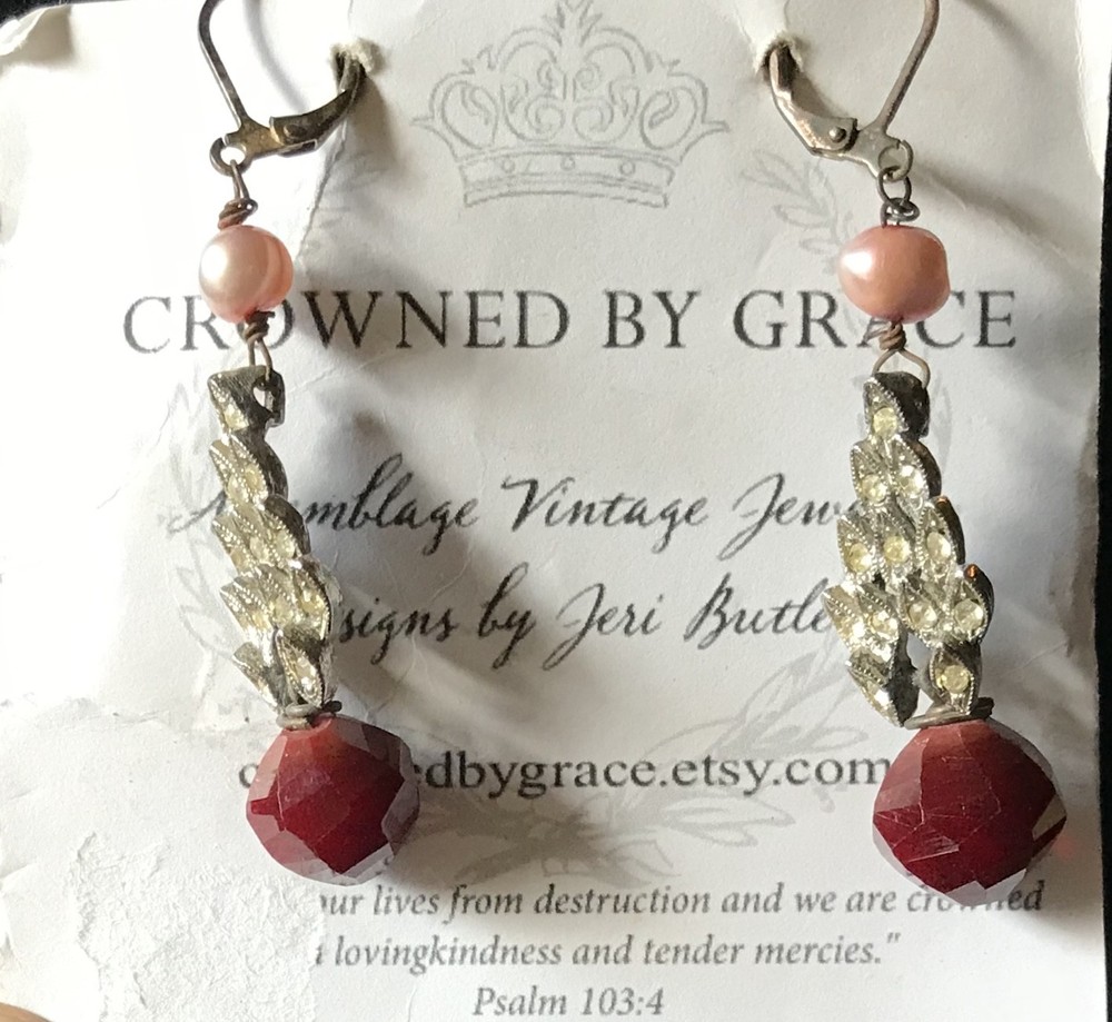 CROWNED BY GRACE by JERI BUTLER ASSEMBLAGE VINTAGE EARRINGS pearl garnet wings
