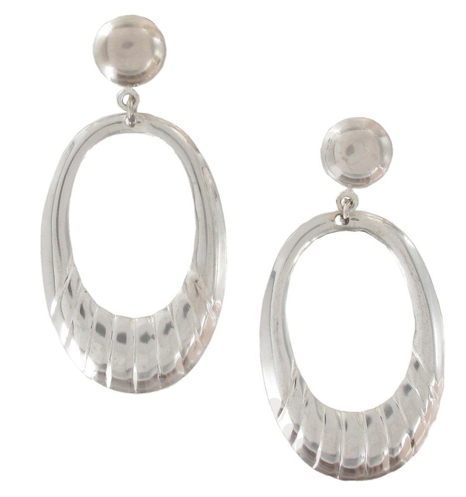 Silver Tone Flat Hoop Drop Dangle Ribbed Light Weight Pierced Earrings