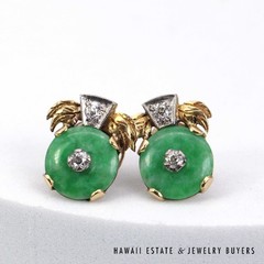 GIA Type A Green Jadeite Jade Donut Diamond 0.25ctw 14K Yellow Gold Earrings