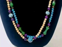 VTG 30″ Bohemian Artisan NECKLACE Stone & Glass Beaded Double-Strand 1980s