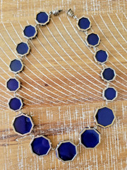 Antique Opaque Navy Blue Octagonal Framed Glass and Marcasite Necklace