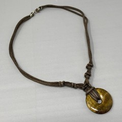 Tigers Eye Pendant Necklace Gold Round Donut Brown Cord Amulet Bohemian 16″
