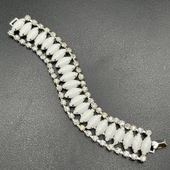 Mid-Century White Milk Glass & Rhinestone Bracelet, Silver-Tone, 1950s