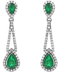 2.46CT DIAMOND & AAA EMERALD 14KT WHITE GOLD PEAR SHAPE & ROUND HANGING EARRINGS