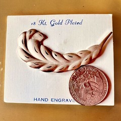 Feather Brooch NOS 18Kt Gold Plated Hand Engraved Mid Century Pin
