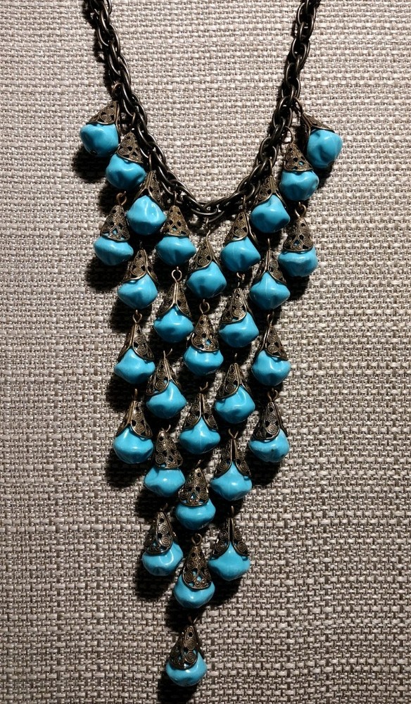 VNTG rare sign Gerard Yosca Faux Turquoise Adjstbl Bronze Tone filigree Necklace