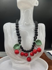Vtg Red Cherries Black Bead Necklace Rockabilly Pin-Up Flying Colors Choker 80’s